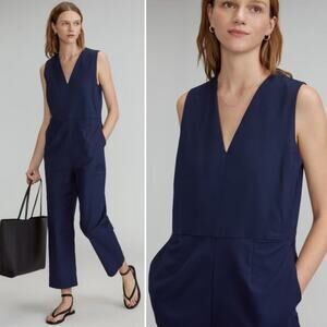 Everlane Navy Structured Cotton Jumpsuit Size 4 New Sleeveless V-Neck Slim Fit